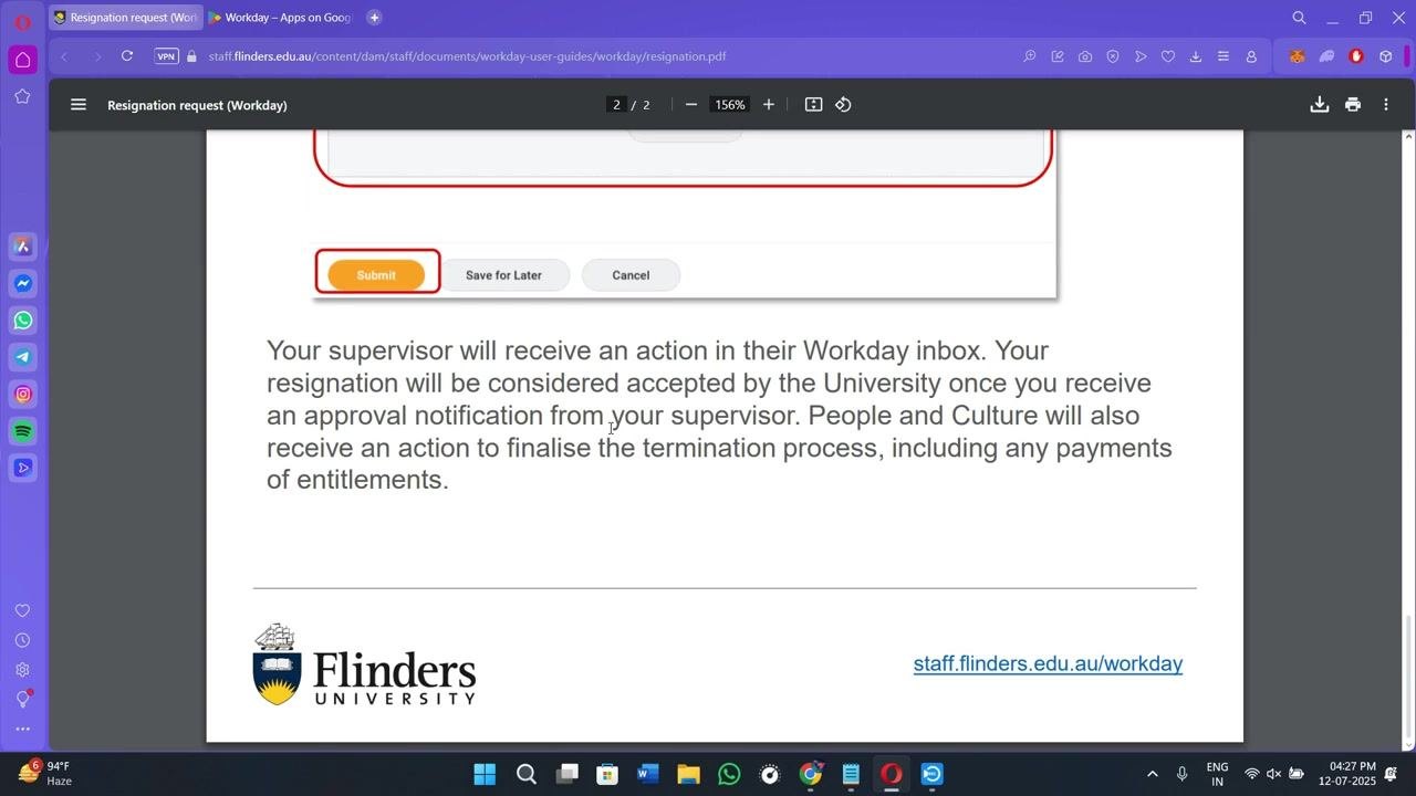 Confirmation message showing next steps, including supervisor and HR actions, displayed at the bottom of the resignation form