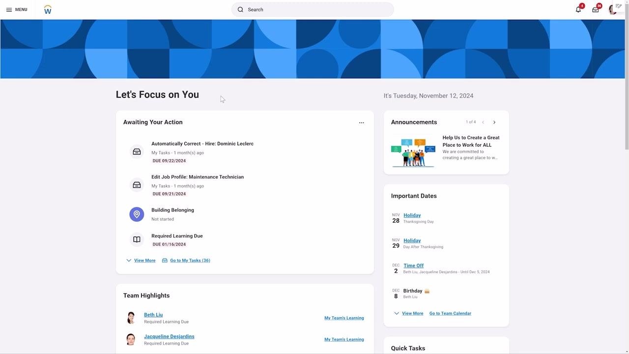 Workday home page highlighting navigation to the Schedule a Report task