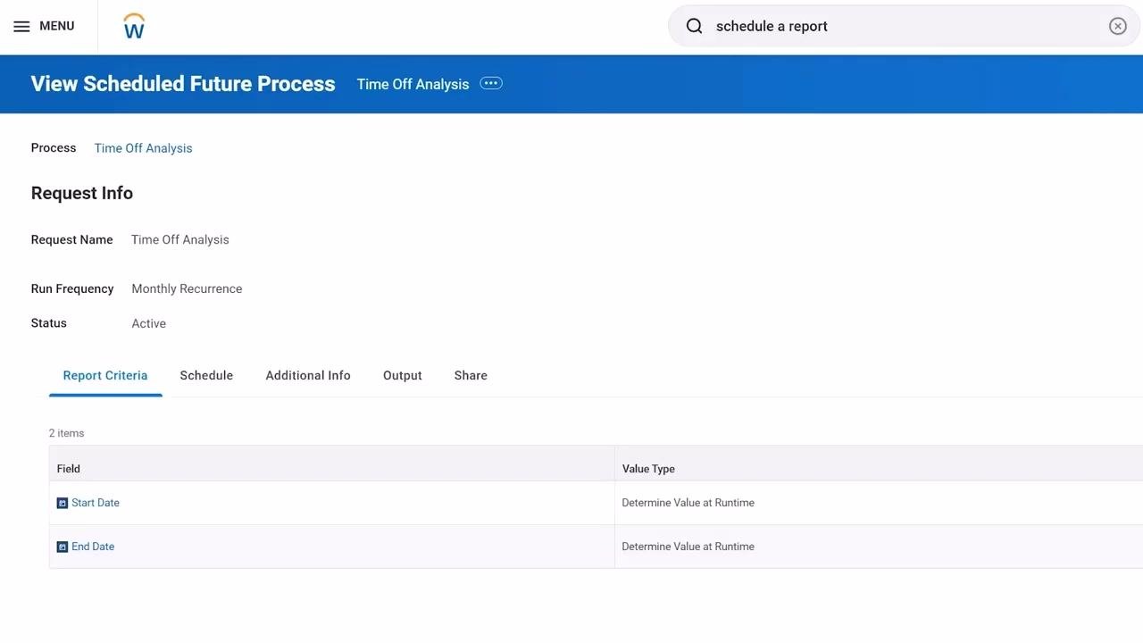 Share tab showing sharing options for the report output
