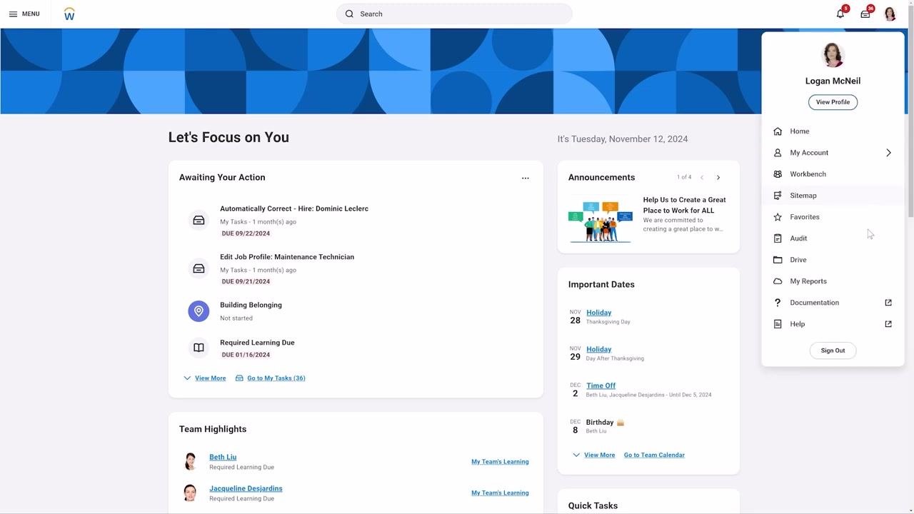 Workday home page with the profile menu open, showing the My Reports option