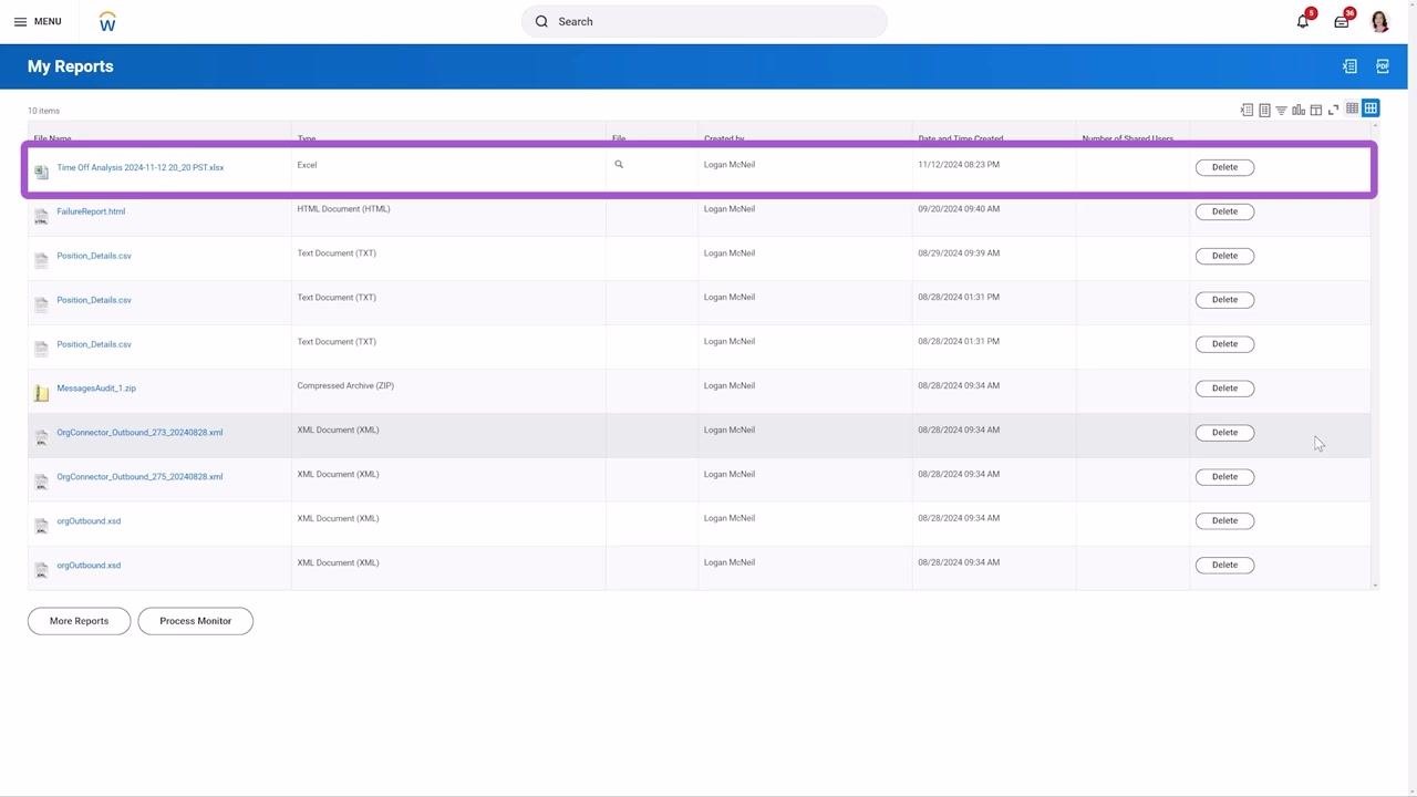 View Background Process screen with the Output Files tab and a downloadable report file