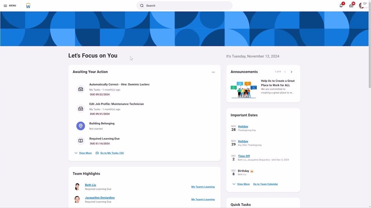 Workday home page showing the search bar and dashboard widgets