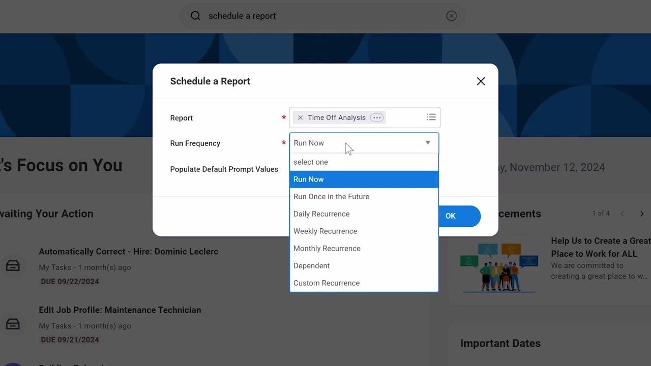 Run Frequency dropdown expanded with recurrence options