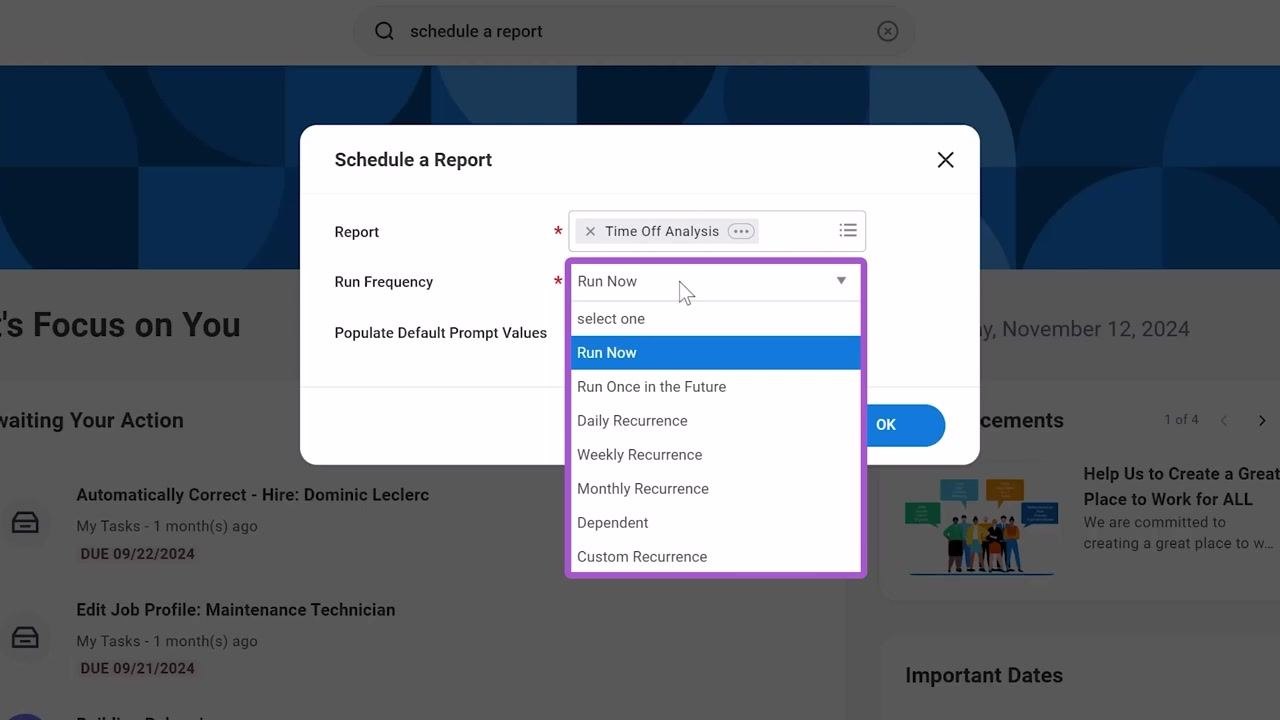 Schedule a Report dialog with Monthly Recurrence selected and Populate Default Prompt Values unchecked