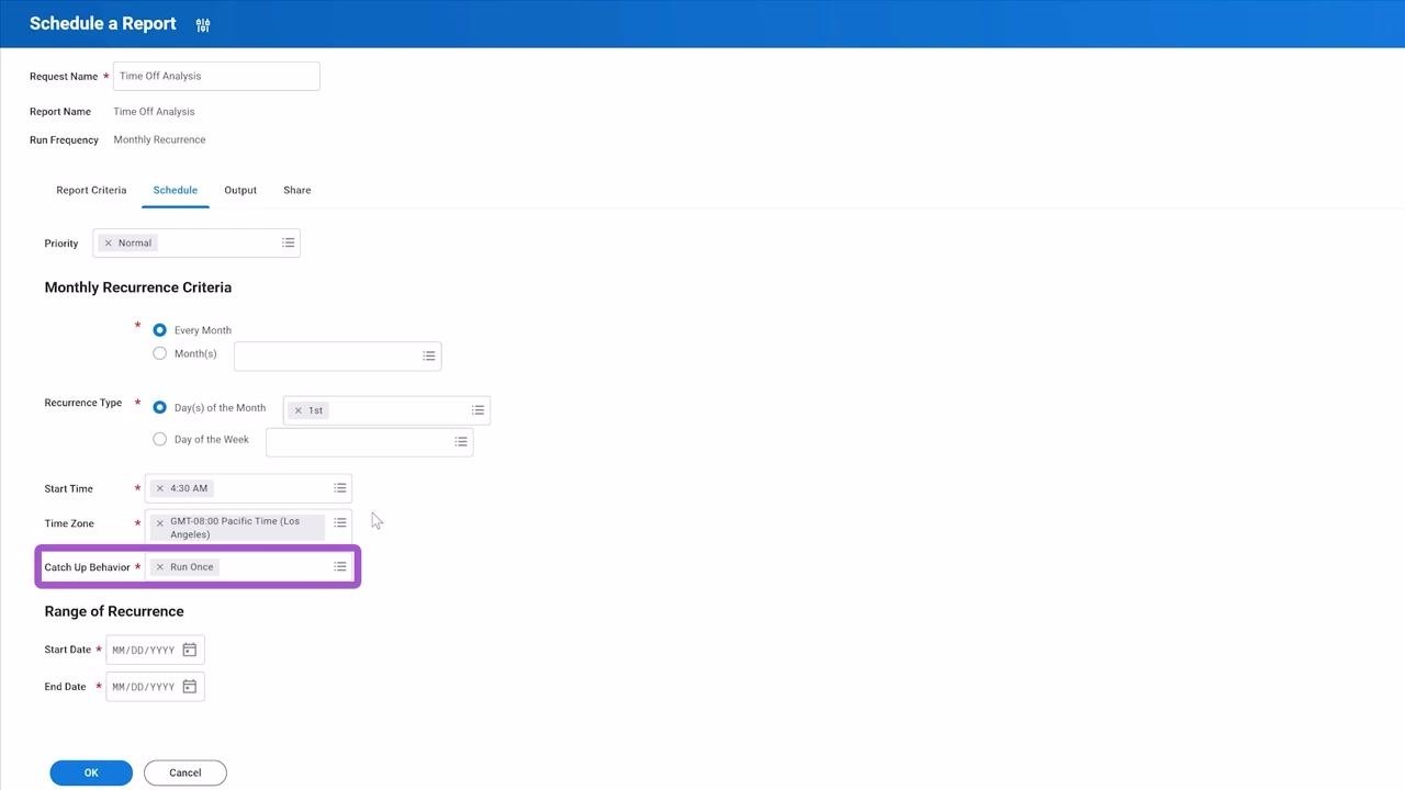 Schedule a Report dialog with Catch Up Behavior set to Run Once