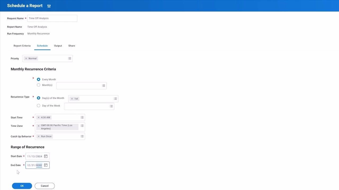 Schedule a Report dialog with Start Date set to 11/13/2024 and End Date set to 12/31/2025