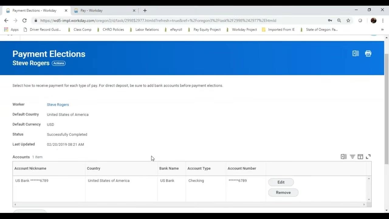 Payment Elections screen showing account details, including account nickname, country, bank name, account type, masked account number, and Edit/Remove options