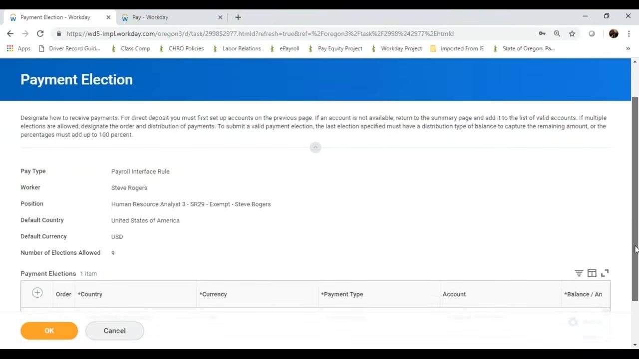 Payment Election setup screen with worker details and instructions for setting up payment elections