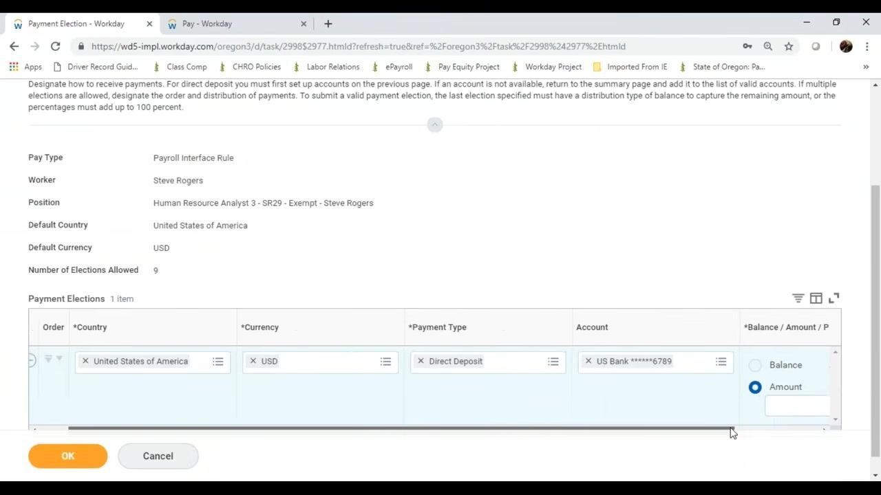 Payment Election table showing the option to select "Amount" for distribution, with a highlighted error indicator