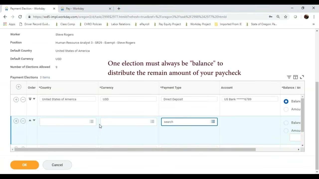 Payment Elections table with multiple rows, showing that one election must always be set to "Balance" to distribute the remaining amount