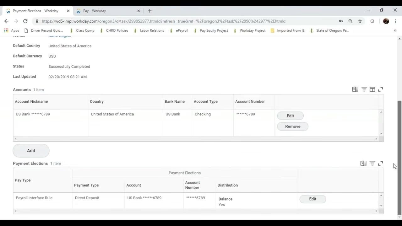 Workday Payment Elections summary screen showing account and payment election details, with options to edit or remove