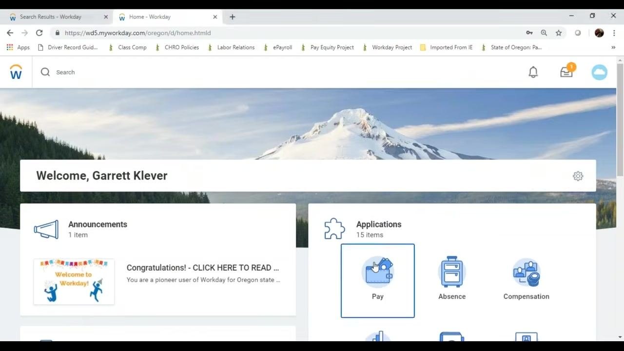 Cursor highlighting the Pay application icon in the Applications section on the Workday home page