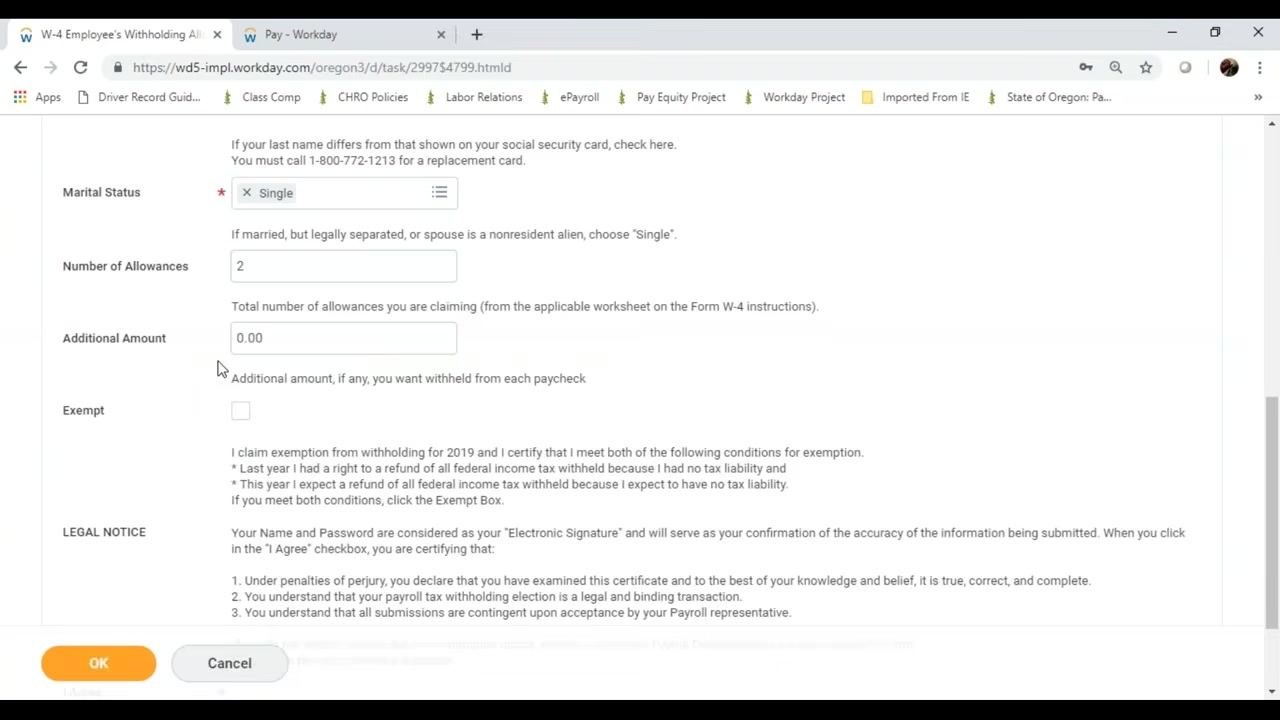 W-4 Data form in Workday showing fields for Nonresident Alien, Last Name Differs from SS, Marital Status, Number of Allowances, Additional Amount, Exempt, and Legal Notice