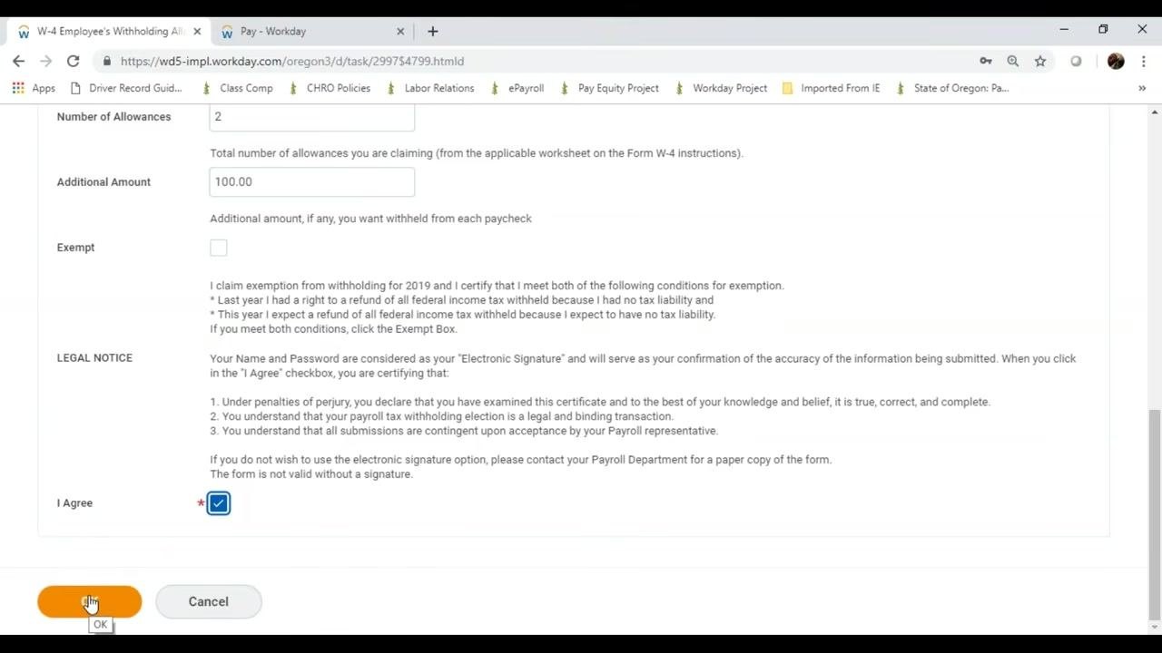 W-4 Data form with the I Agree checkbox checked and the OK button highlighted