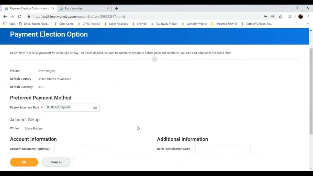 Payment Election Option form with Direct Deposit selected and account information fields visible