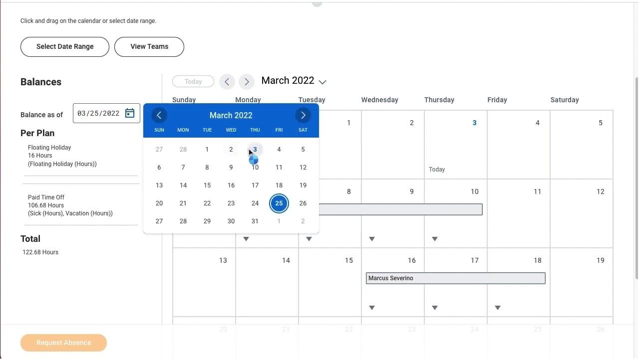 Calendar with three days selected and a "Request Absence" button showing the day count.