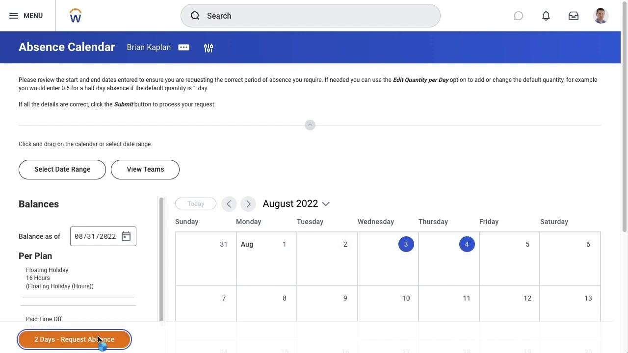 Calendar with an updated day selection and a revised "Request Absence" button.