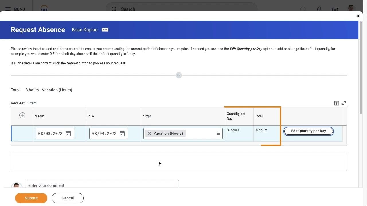 Request Absence screen showing updated quantity per day and total hours.