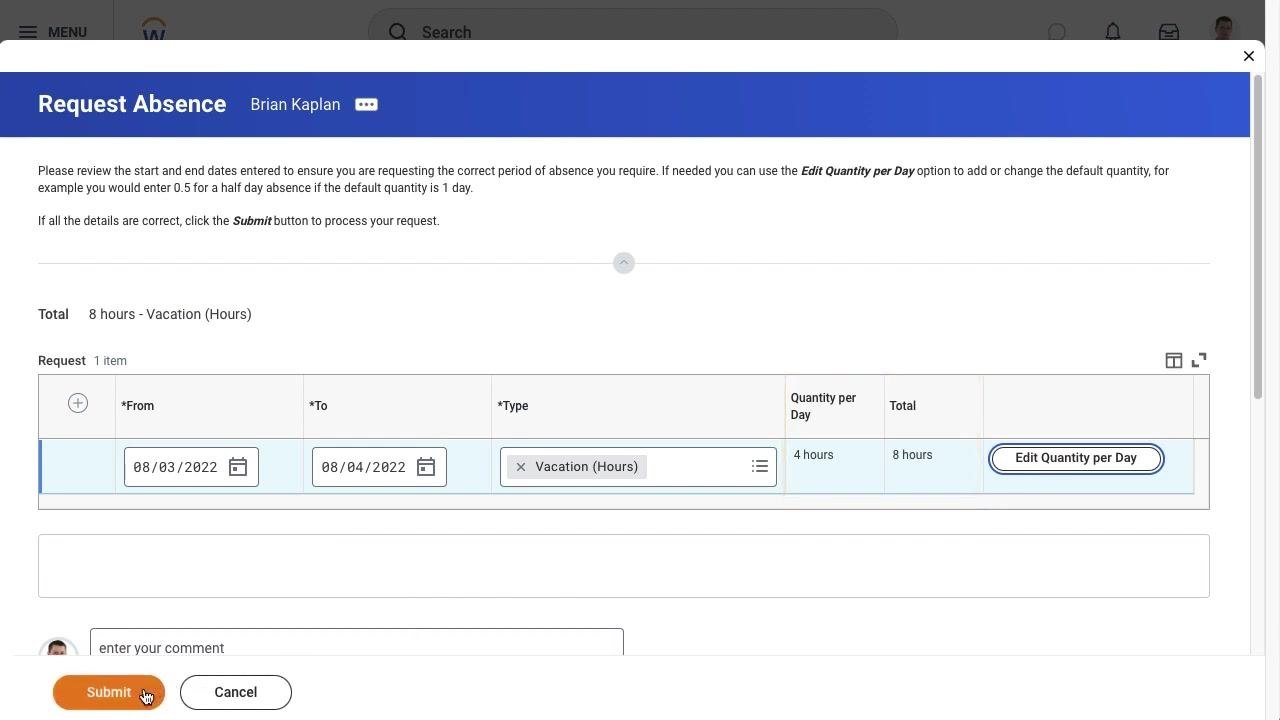 Submit button being clicked on the Request Absence screen.