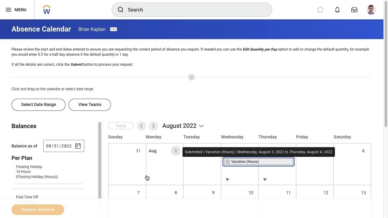 Absence Calendar with a confirmation message and the newly requested absence marked.