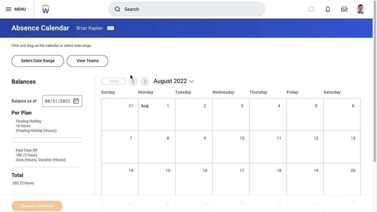 Absence Calendar with balances and navigation options for the current month.