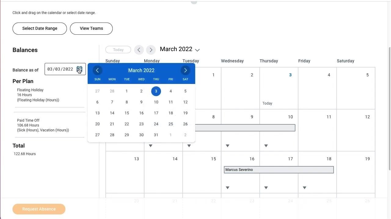 Absence Calendar with the date picker open and a specific date selected.