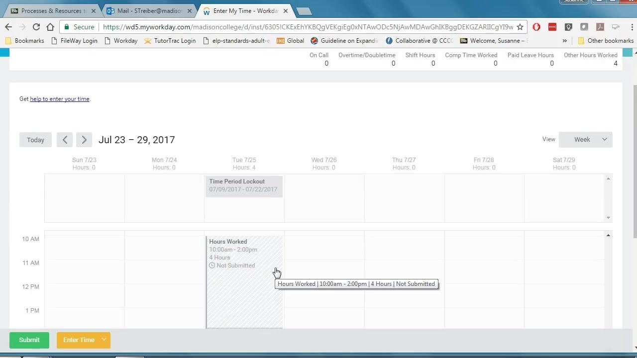 Workday calendar view showing "Hours Worked 10:00am – 2:00pm | 4 Hours | Not Submitted" for a specific day.