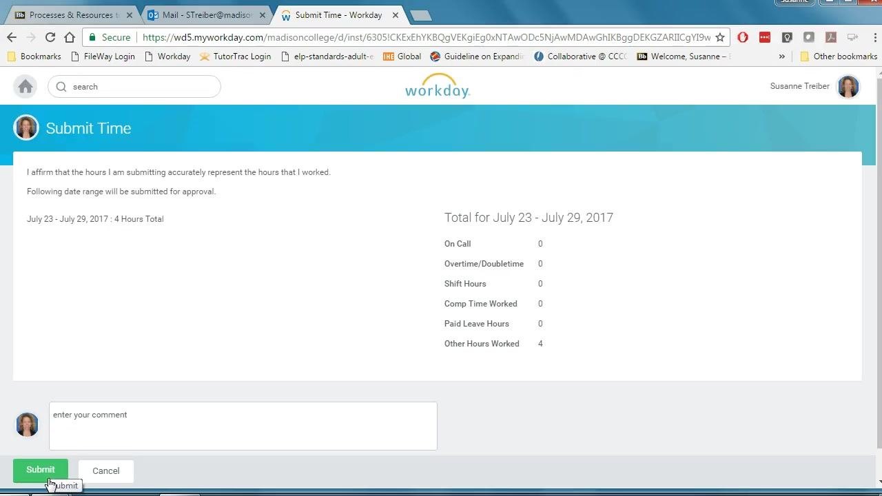 Cursor clicking the green Submit button on the Workday time entry screen.