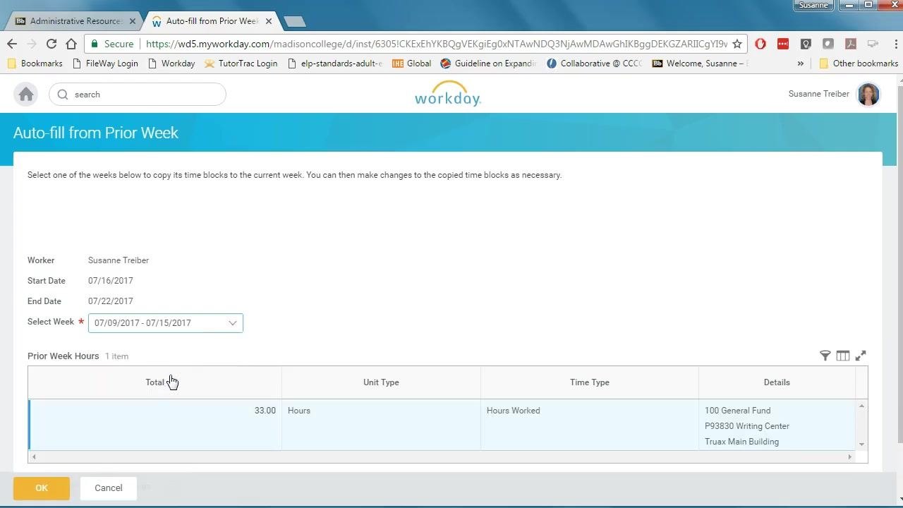 Dropdown menu open under the Enter Time button with the cursor on "Auto-fill from Prior Week"; the calendar for July 16–22, 2017 is visible with no hours entered yet.