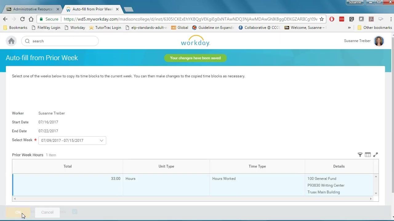 Main Enter My Time screen with hours auto-filled for each day, a "Your changes have been saved" banner, and Submit and Enter Time buttons visible.