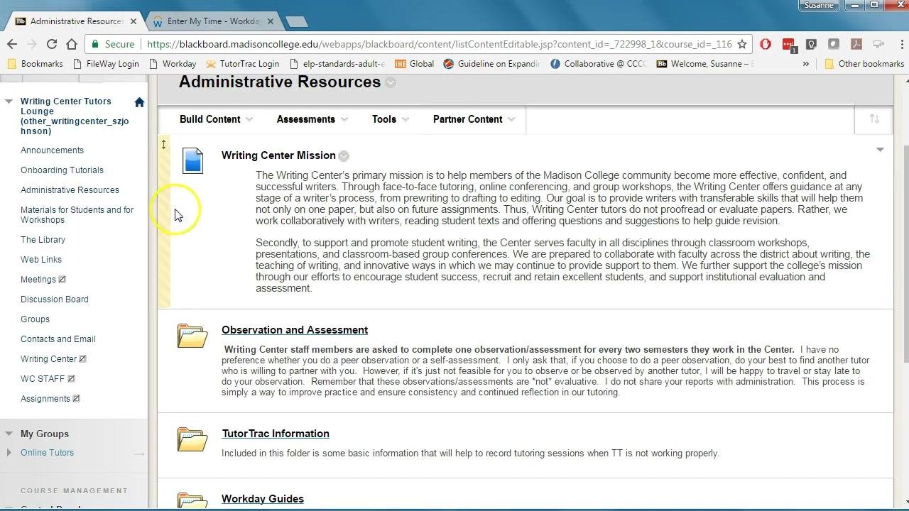 Administrative Resources tab open in Blackboard, showing folders for Writing Center Mission, Observation and Assessment, TutorTrac Information, and Workday Guides.