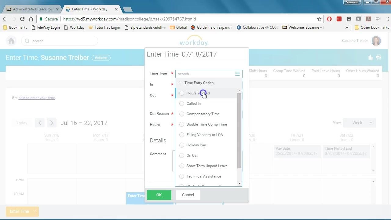 Enter Time dialog with the Time Entry Codes dropdown open and the cursor selecting Hours Worked.