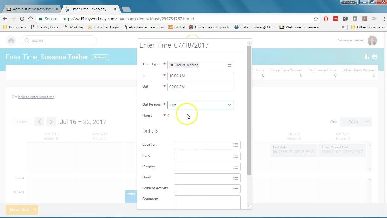 Enter Time dialog filled in with Time Type: Hours Worked, In: 10:00 AM, Out: 2:00 PM, Out Reason: Out, and Hours: 4. The Details section is visible below.