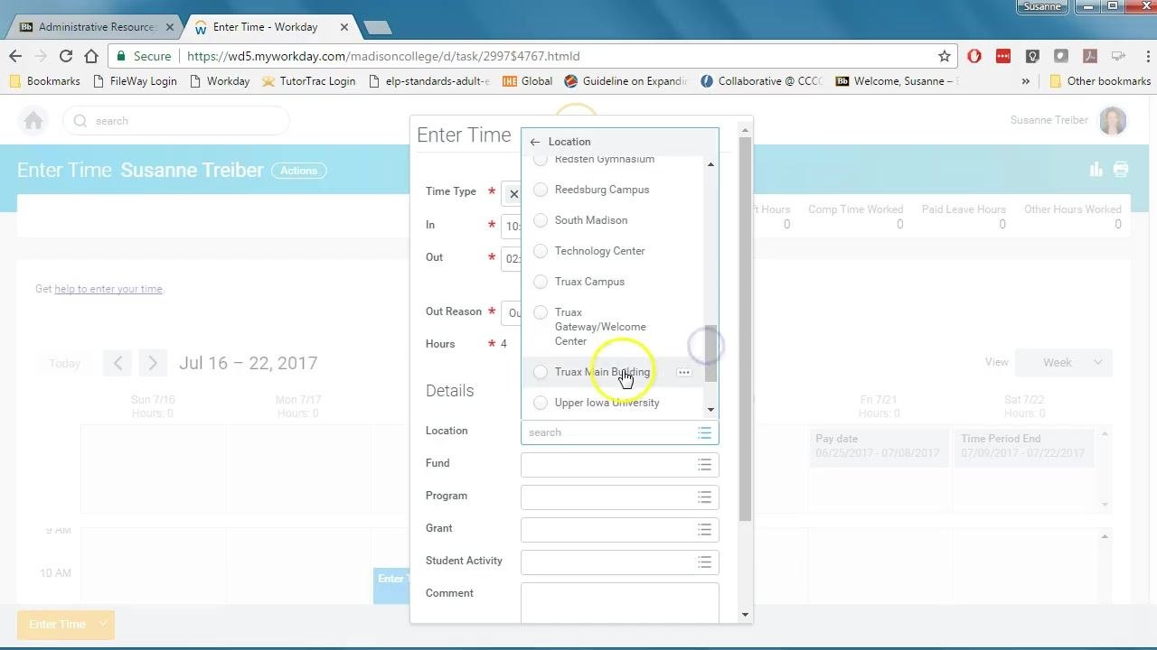 Location dropdown open showing options such as Truax Main Building, South Madison, and Reedsburg Campus, with the cursor selecting Truax Main Building.