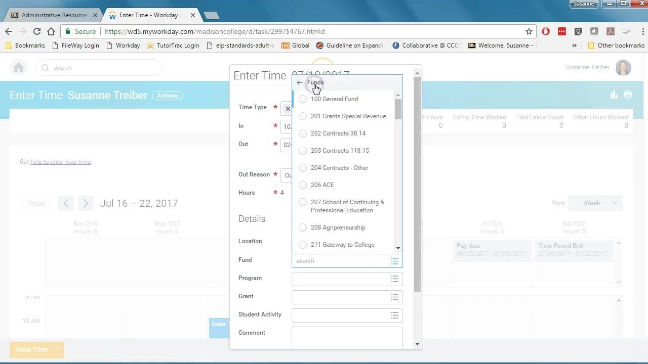 Fund dropdown open with options listed, cursor selecting 100 General Fund.