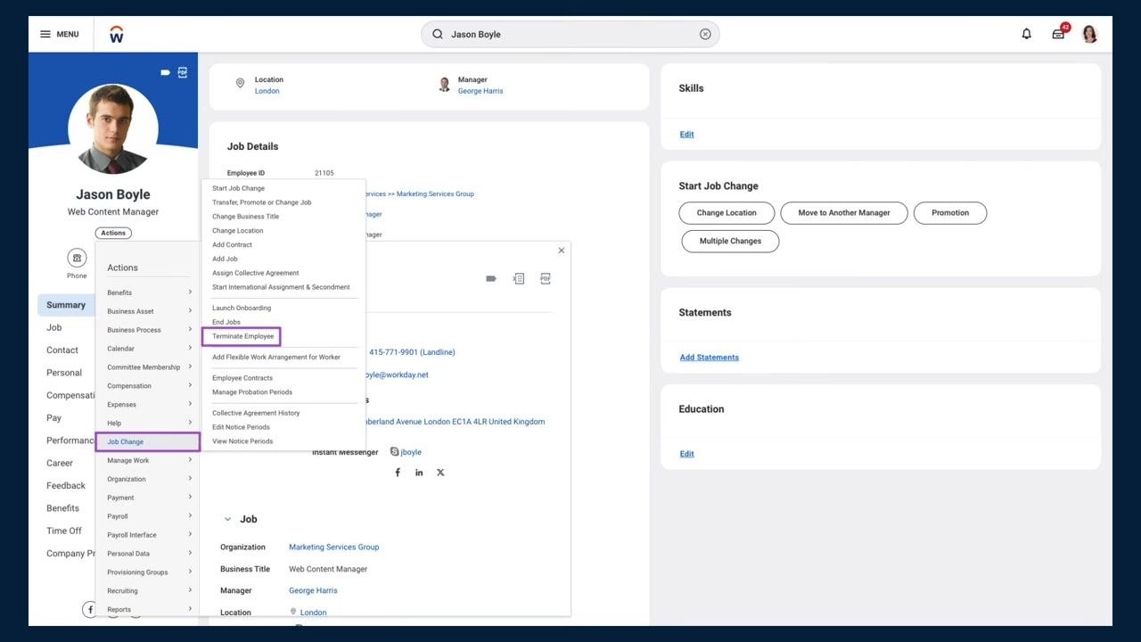 Employee profile page with the Actions > Job Change > Terminate Employee menu path highlighted.