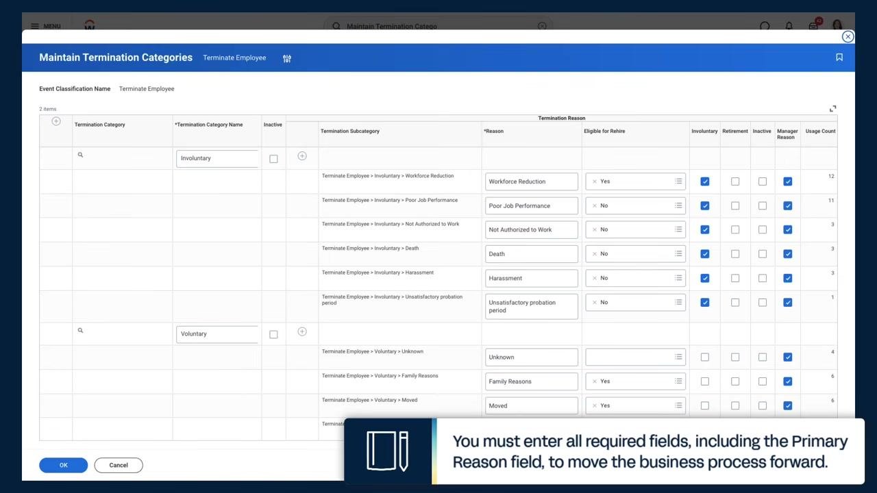 Workday Maintain Termination Categories screen displaying Involuntary and Voluntary categories with example reasons listed under each, along with columns for eligibility, usage, and other attributes.