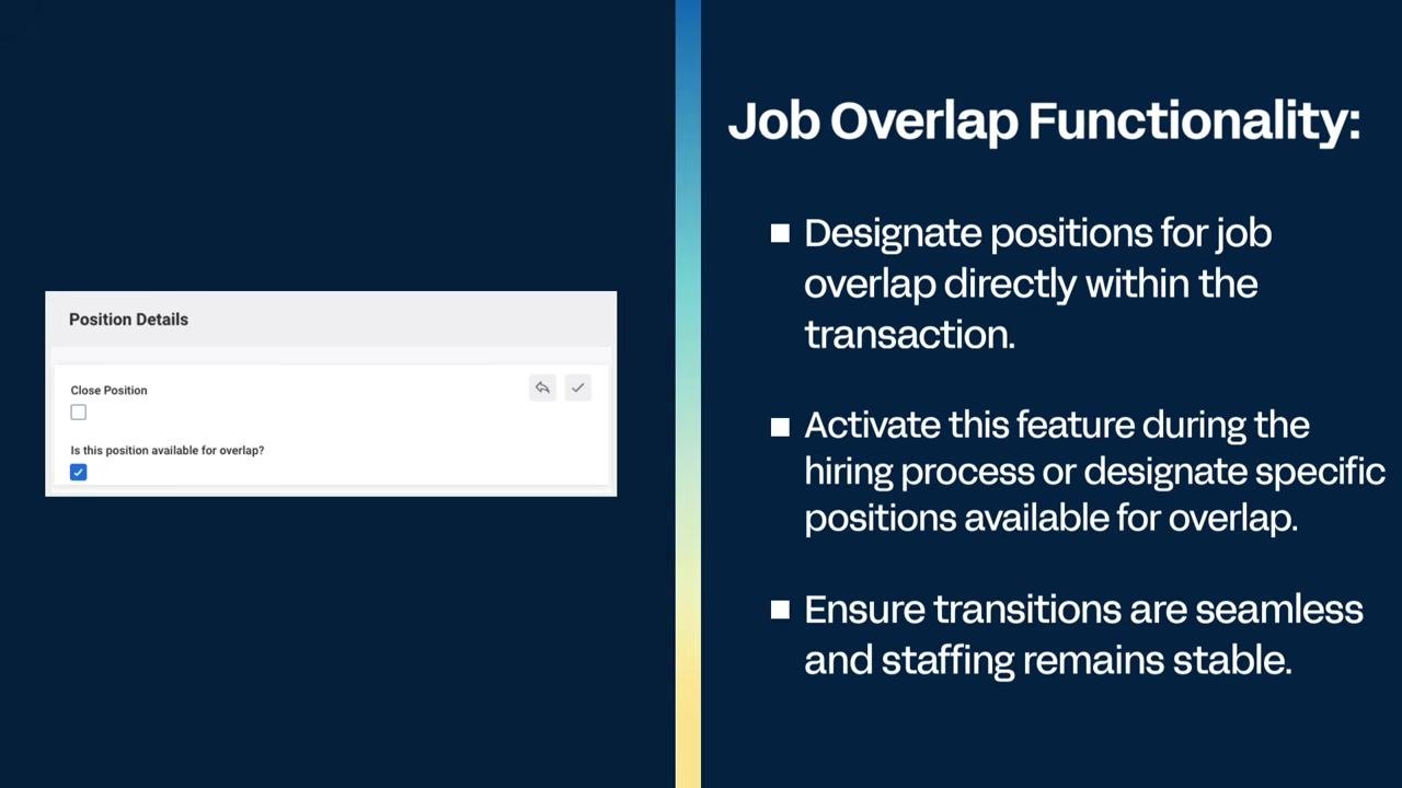 Position Details section with the "Is this position available for overlap?" checkbox selected, alongside summary points about job overlap functionality.