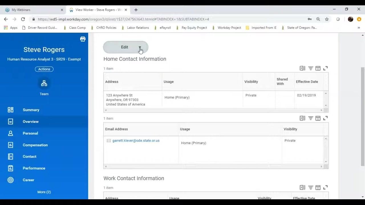 Change My Home Contact Information screen with the current address and edit/remove icons