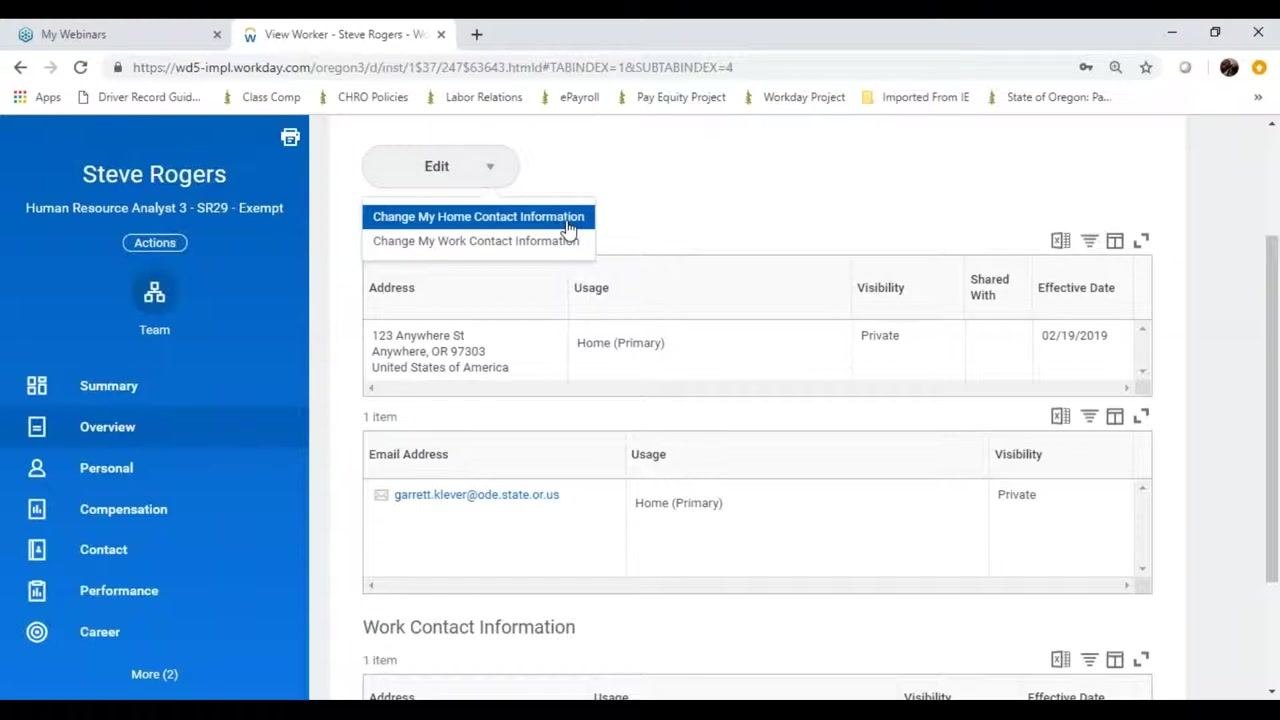Dropdown menu with options to change home or work contact information