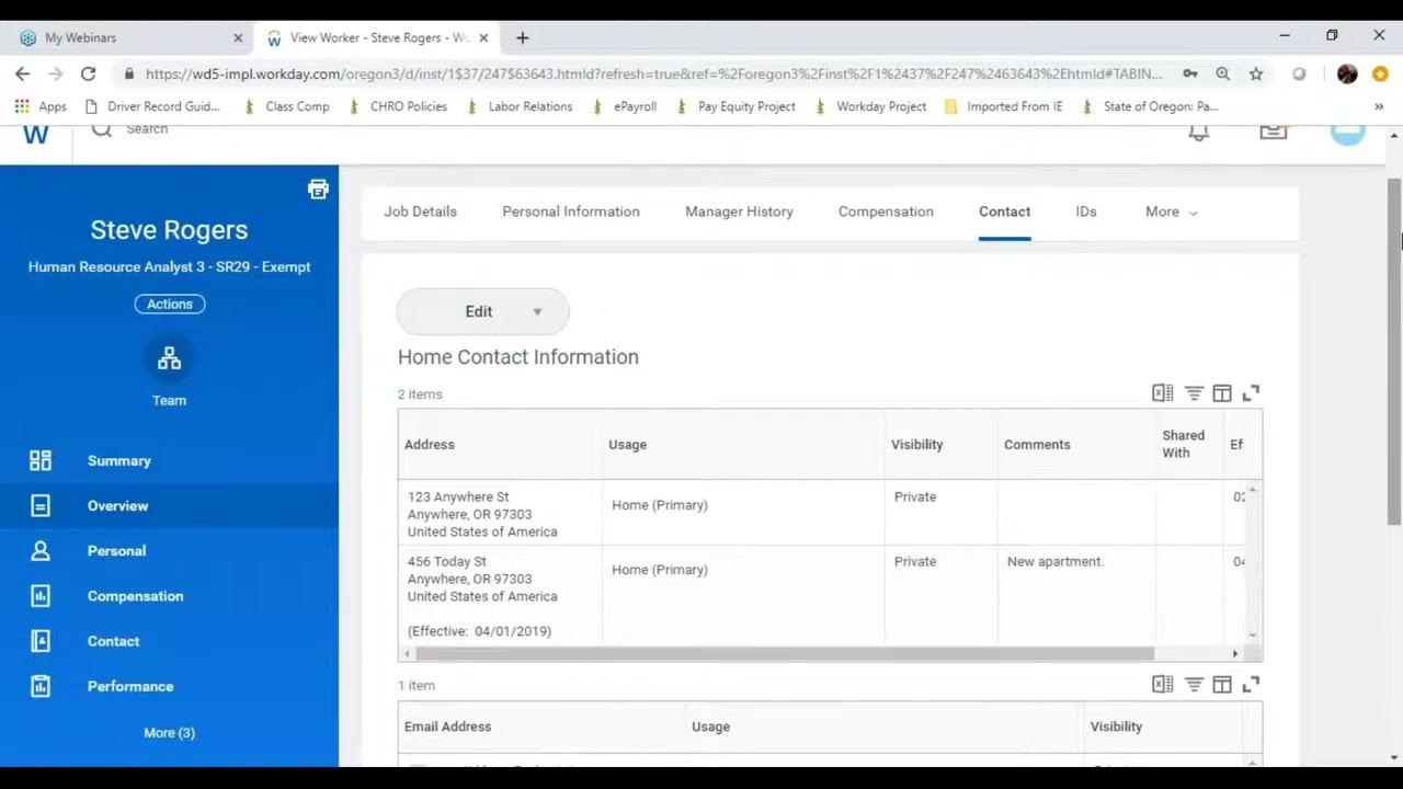 Home Contact Information section highlighting the effective date of the new address