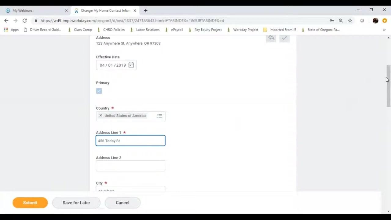 Address entry form with required fields completed, including a new Address Line 1