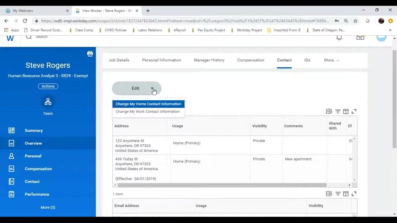 Edit button dropdown with options to change home or work contact information