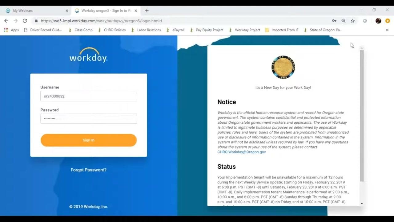 Workday sign-in screen with username and password fields, the Sign In button, and a system-use notice