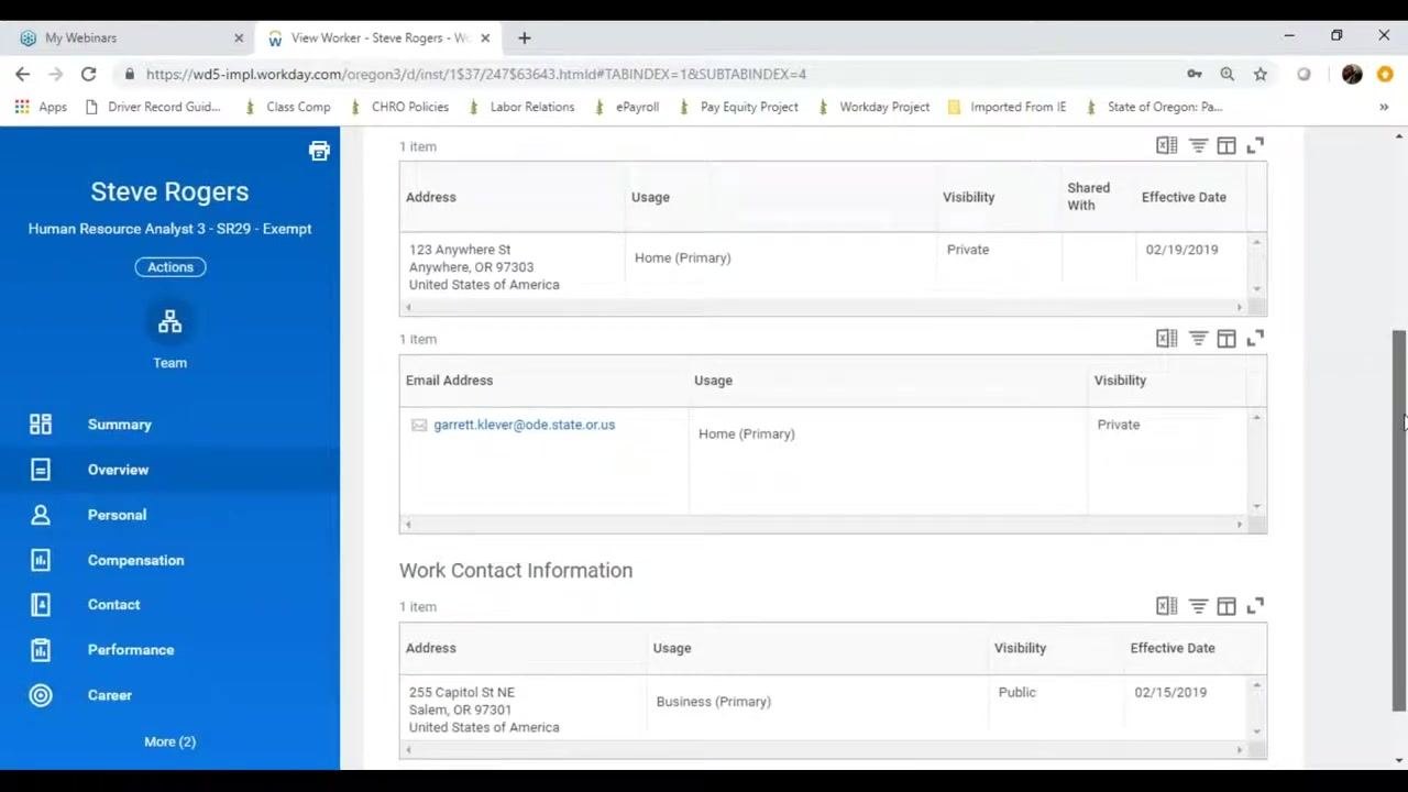 Worker profile Contact tab showing home and work contact information along with the left navigation menu