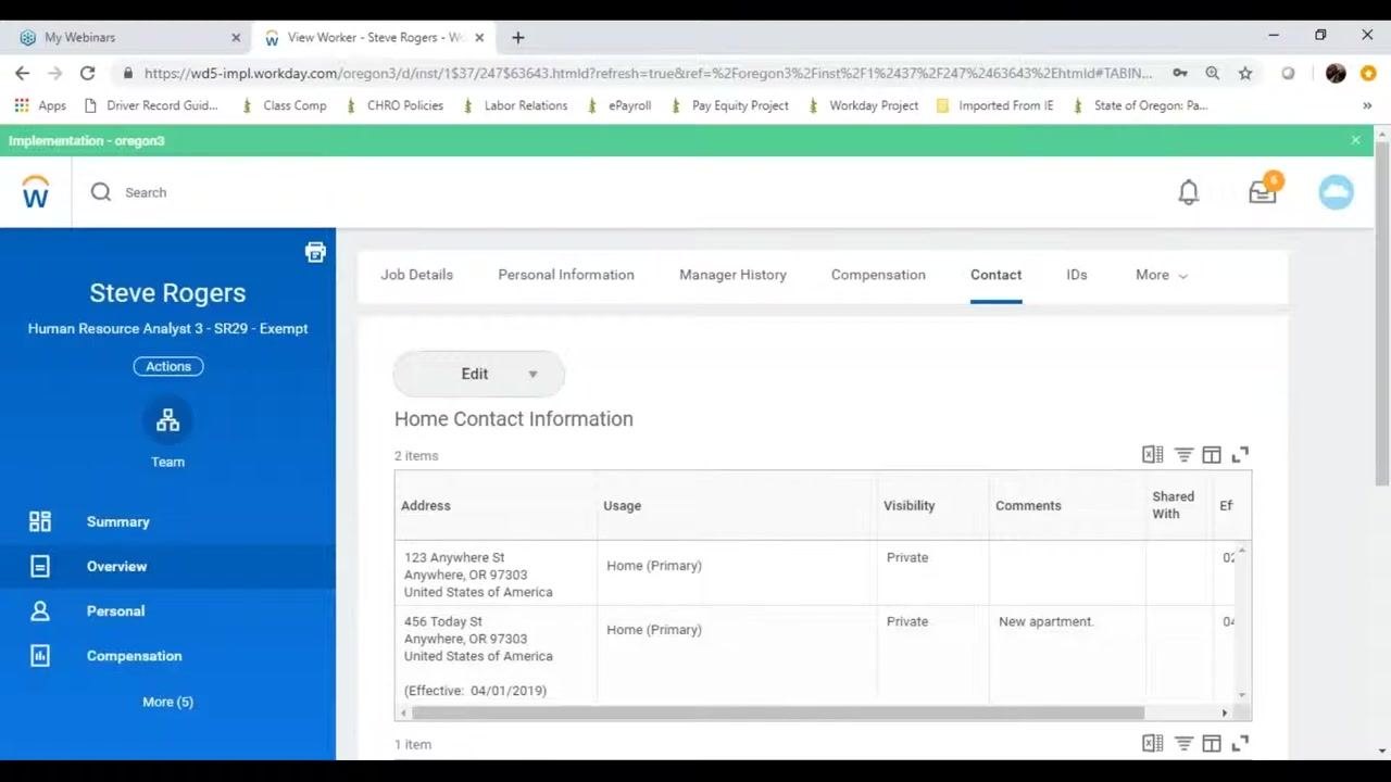 Contact tab showing the Edit button along with home contact entries, usage, visibility, comments, and effective date