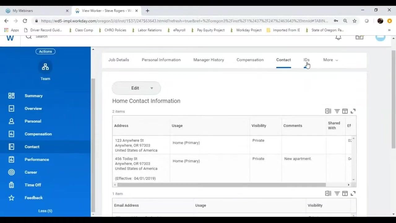 Contact tab with Home Contact Information showing address and related details