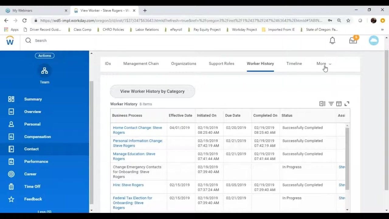 Timeline tab showing a chronological list of major events, including hire date and education