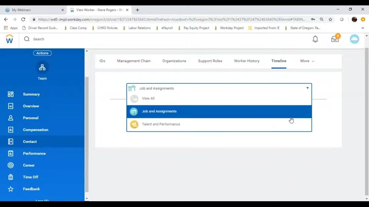 Left navigation panel listing Summary, Overview, Personal, Compensation, Contact, Performance, Career, Time Off, Feedback, and Team tabs