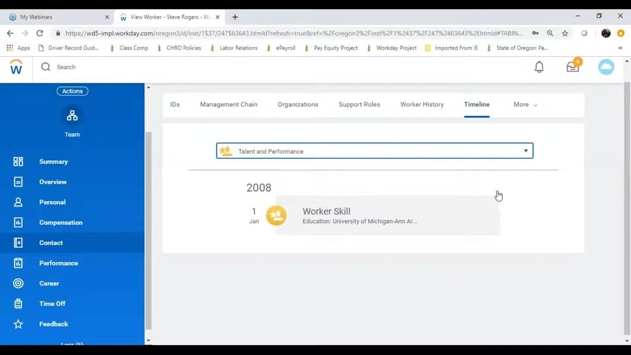 Timeline tab with the Talent and Performance filter selected, showing a Worker Skill entry